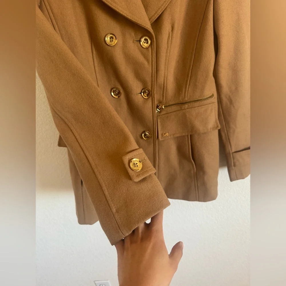 Michael Kors Camel Wool Blend Peacoat Gold Buttons Zip Pocket Coat XS
